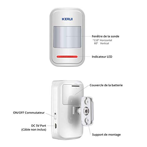 KERUI - Sistema de Alarma Inalámbrica, Sensores Infrarrojos Pasivos, Detectores de Movimiento por Infrarrojos, Sirena, 433 MHz, Seguridad para el Hogar