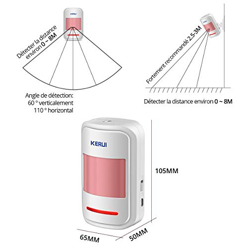 KERUI - Sistema de Alarma Inalámbrica, Sensores Infrarrojos Pasivos, Detectores de Movimiento por Infrarrojos, Sirena, 433 MHz, Seguridad para el Hogar