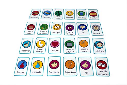 kids2learn Juego de 24 tarjetas de comunicación con necesidades especiales y 2 carteles de emociones y Bungee – para niños no verbales y adultos jóvenes con autismo TDAH