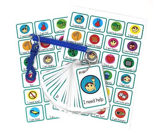 kids2learn Juego de 24 tarjetas de comunicación con necesidades especiales y 2 carteles de emociones y Bungee – para niños no verbales y adultos jóvenes con autismo TDAH