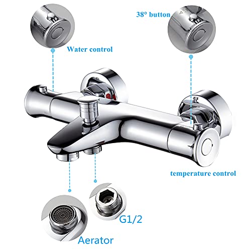 kisimixer Grifo Termostatico Ducha,Con BotóN de Seguridad de 38 °Grifos de Ducha y BañEras,Grifo Termostatico BañEra Hecho de LatóN,Cromo(Para TColgar en la pared y BañEras)