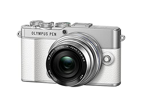 Kit de cámara Olympus Pen E-P7 Blanca, Sensor de 20 MP, LCD de Alta definición abatible, 4K, Wi-Fi, Control de Perfil Monocromo y del Color, Incluye M.Zuiko Digital ED 14-42 mm EZ Plata