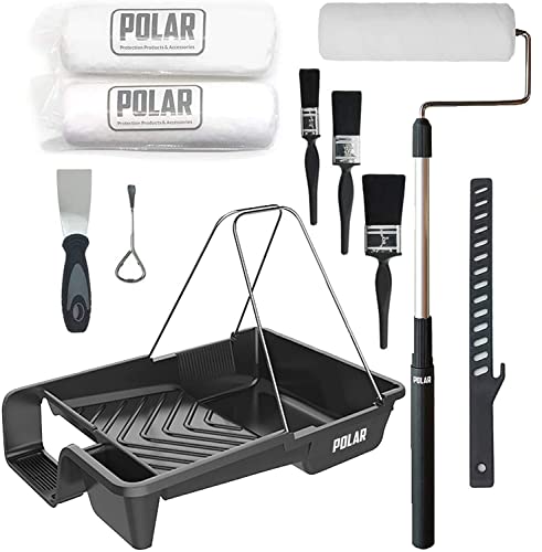 Kit de rodillo de pintura para decoración Polar de 10 piezas con rodillo largo extensible, bandeja de pintura, abrelatas, agitador, 3 pinceles de pintura y 2 fundas de rodillo