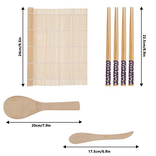 Kit Sushi,Opopark 9 Piezas Herramienta para Hacer Sushi de Bambú Kit para Hacer Sushi de Bambú, 2 Esterillas para Sushi,4 pares de Palillos,Pala de arroz,Separador de arroz,Bolsa de almacenamiento