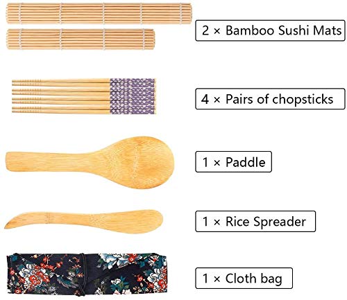 Kit Sushi,Opopark 9 Piezas Herramienta para Hacer Sushi de Bambú Kit para Hacer Sushi de Bambú, 2 Esterillas para Sushi,4 pares de Palillos,Pala de arroz,Separador de arroz,Bolsa de almacenamiento