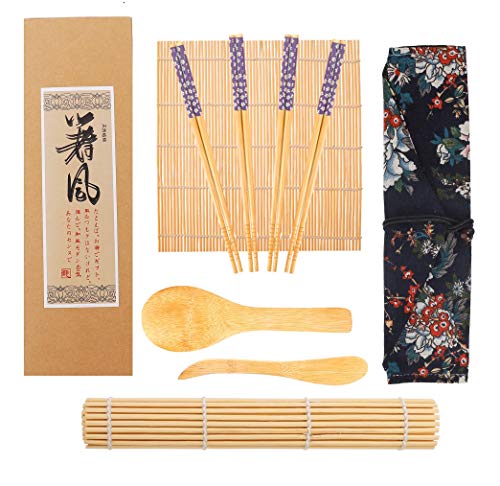 Kit Sushi,Opopark 9 Piezas Herramienta para Hacer Sushi de Bambú Kit para Hacer Sushi de Bambú, 2 Esterillas para Sushi,4 pares de Palillos,Pala de arroz,Separador de arroz,Bolsa de almacenamiento