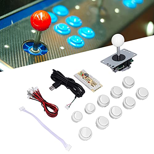 Kits de Joystick para Juegos de Arcade, Piezas de Bricolaje, Codificador USB de Retardo Cero + Joystick de 8 Vías + 10 Botones Pulsadores para Proyectos de Bricolaje de Juegos de PC de Arcade(blanco)