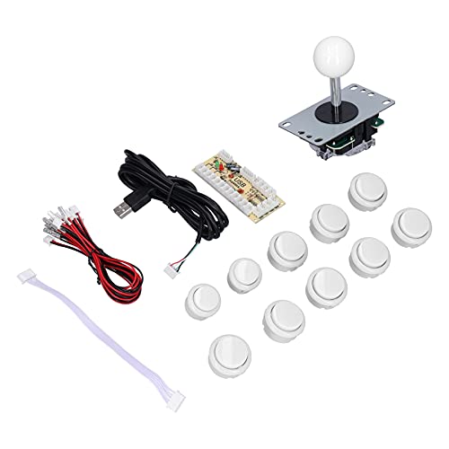 Kits de Joystick para Juegos de Arcade, Piezas de Bricolaje, Codificador USB de Retardo Cero + Joystick de 8 Vías + 10 Botones Pulsadores para Proyectos de Bricolaje de Juegos de PC de Arcade(blanco)