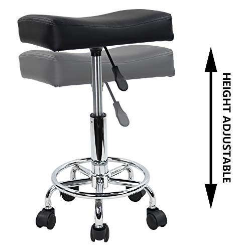 KKTONER Taburete con Ruedas Cuadrado Cuero de PU Altura Ajustable Giratorio Masaje SPA Taburetes de salón Silla de Trabajo con Rueda Color Negro