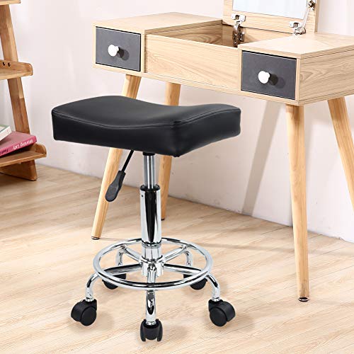 KKTONER Taburete con Ruedas Cuadrado Cuero de PU Altura Ajustable Giratorio Masaje SPA Taburetes de salón Silla de Trabajo con Rueda Color Negro