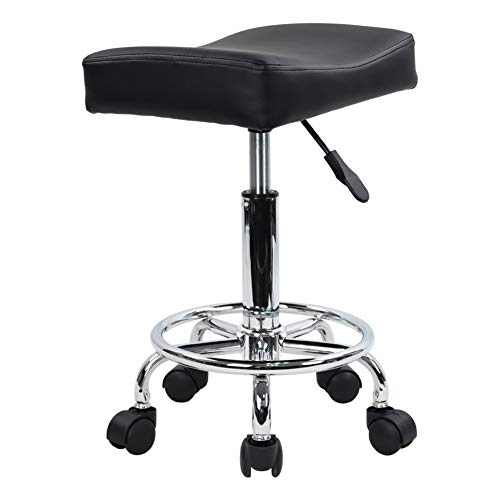 KKTONER Taburete con Ruedas Cuadrado Cuero de PU Altura Ajustable Giratorio Masaje SPA Taburetes de salón Silla de Trabajo con Rueda Color Negro