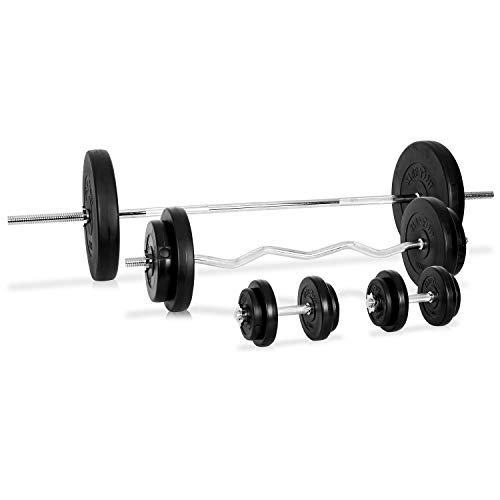 KLAR FIT Power Forge - Juego de Barras y Pesas: Mancuernas, Barra Larga, Barra Z Curl, Pesas, Revestimiento de plástico, Mangos Antideslizantes, Barras cromadas, Acero Inoxidable, Antracita