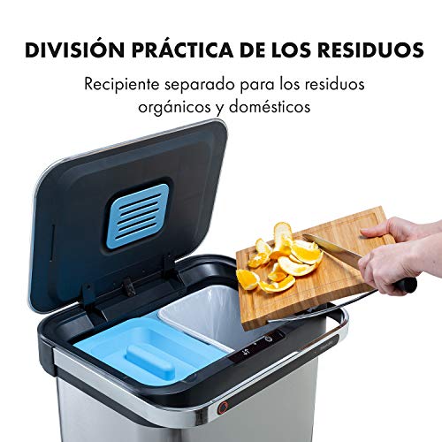 Klarstein Touchless Ultraclean - Cubo de basura con sensor, Volúmen de 60 litros, 3 contenedores, Esterilización por ozono, Elimina 90% de las bacterias, Filtro de olores integrado, Plateado