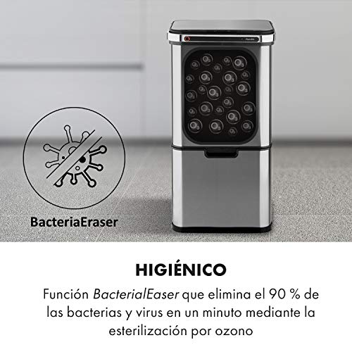 Klarstein Touchless Ultraclean - Cubo de basura con sensor, Volúmen de 60 litros, 3 contenedores, Esterilización por ozono, Elimina 90% de las bacterias, Filtro de olores integrado, Plateado