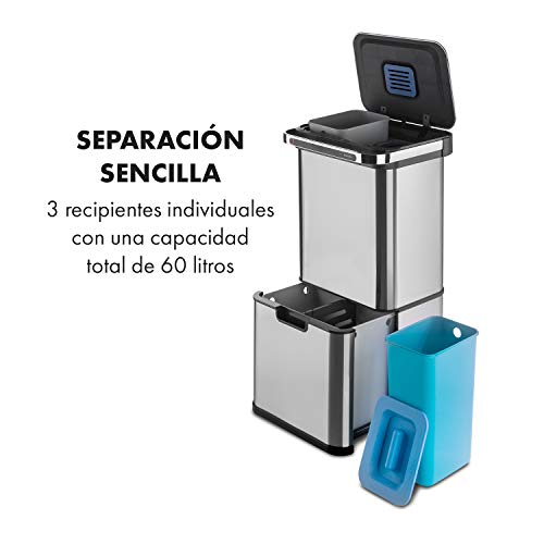 Klarstein Touchless Ultraclean - Cubo de basura con sensor, Volúmen de 60 litros, 3 contenedores, Esterilización por ozono, Elimina 90% de las bacterias, Filtro de olores integrado, Plateado