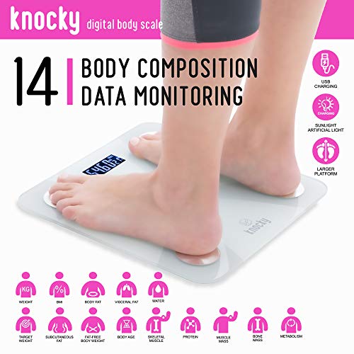 KNOCKY Bascula de Baño Digital Inteligente Bluetooth, Sin Pilas, Carga USB, Luz Artificial y Solar - Medición Alta Precisión Peso Corporal - Proteina -Grasa Corporal, Masa Muscular, IMC