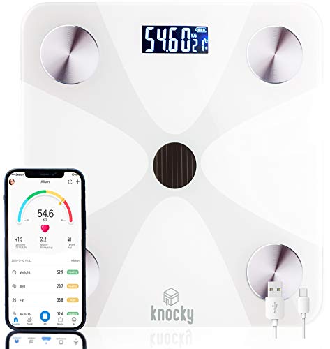 KNOCKY Bascula de Baño Digital Inteligente Bluetooth, Sin Pilas, Carga USB, Luz Artificial y Solar - Medición Alta Precisión Peso Corporal - Proteina -Grasa Corporal, Masa Muscular, IMC