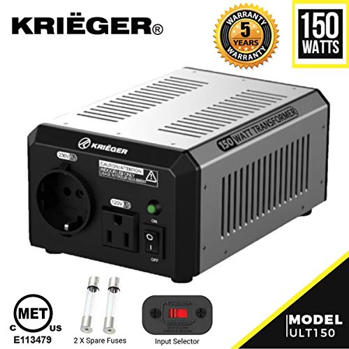 Krieger 150W Transformador 220v a 110v, 150 Vatios de Potencia Máxima, Convierte Voltaje de 220-240 Voltios a 110-120V y viceversa, Transformador con Núcleo Toroidal Aprobado por Met bajo UL y CSA