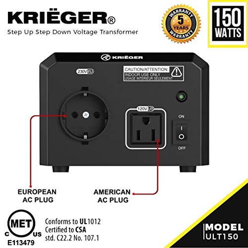 Krieger 150W Transformador 220v a 110v, 150 Vatios de Potencia Máxima, Convierte Voltaje de 220-240 Voltios a 110-120V y viceversa, Transformador con Núcleo Toroidal Aprobado por Met bajo UL y CSA