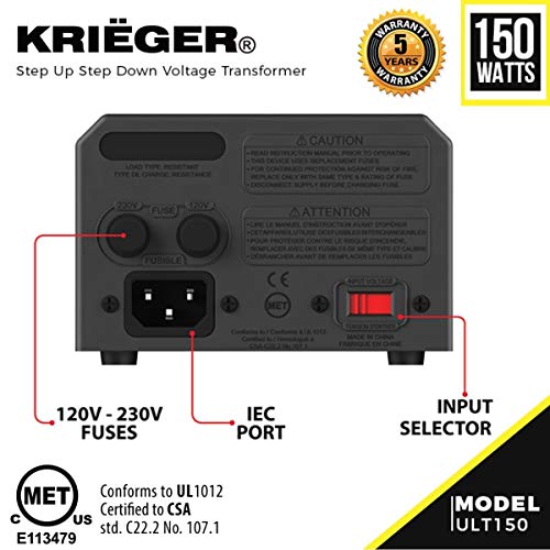 Krieger 150W Transformador 220v a 110v, 150 Vatios de Potencia Máxima, Convierte Voltaje de 220-240 Voltios a 110-120V y viceversa, Transformador con Núcleo Toroidal Aprobado por Met bajo UL y CSA