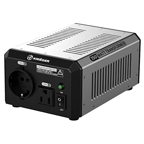 Krieger 150W Transformador 220v a 110v, 150 Vatios de Potencia Máxima, Convierte Voltaje de 220-240 Voltios a 110-120V y viceversa, Transformador con Núcleo Toroidal Aprobado por Met bajo UL y CSA