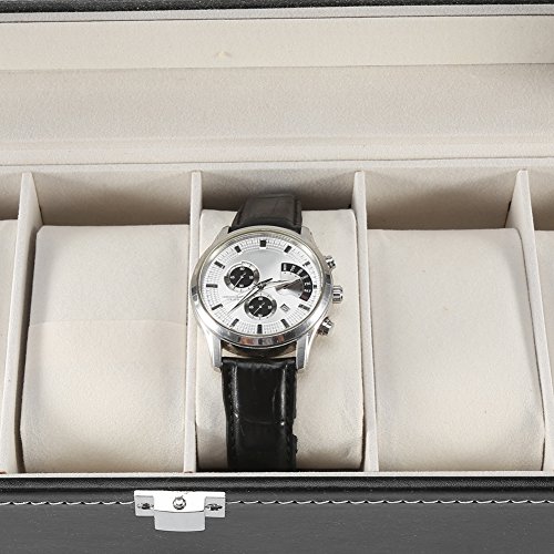 KUIDAMOS Caja De Reloj, Elegante Almohada Negra Extraíble para Reloj Caja De Almacenamiento De Reloj De Cuero PU 6 Ranuras Ventana De Visualización De Vidrio Transparente para Reloj Caja De Regalo