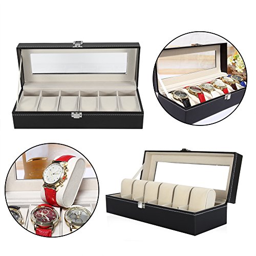 KUIDAMOS Caja De Reloj, Elegante Almohada Negra Extraíble para Reloj Caja De Almacenamiento De Reloj De Cuero PU 6 Ranuras Ventana De Visualización De Vidrio Transparente para Reloj Caja De Regalo