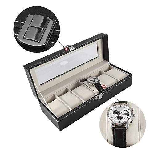 KUIDAMOS Caja De Reloj, Elegante Almohada Negra Extraíble para Reloj Caja De Almacenamiento De Reloj De Cuero PU 6 Ranuras Ventana De Visualización De Vidrio Transparente para Reloj Caja De Regalo