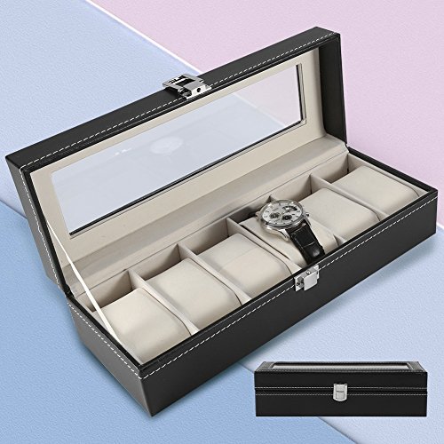 KUIDAMOS Caja De Reloj, Elegante Almohada Negra Extraíble para Reloj Caja De Almacenamiento De Reloj De Cuero PU 6 Ranuras Ventana De Visualización De Vidrio Transparente para Reloj Caja De Regalo