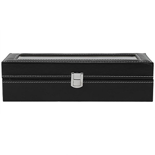 KUIDAMOS Caja De Reloj, Elegante Almohada Negra Extraíble para Reloj Caja De Almacenamiento De Reloj De Cuero PU 6 Ranuras Ventana De Visualización De Vidrio Transparente para Reloj Caja De Regalo