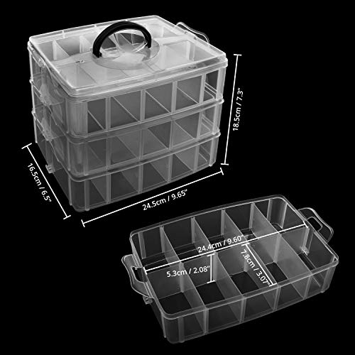 Kurtzy Caja Almacenamiento Plastico 3 Niveles - Ranuras de Compartimentos Ajustables - Caja Organizadora Plastico Transparente - Máximo 30 Compartimentos – Guardar Juguetes Joyas, Cuentas