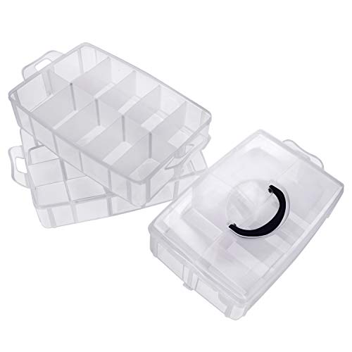 Kurtzy Caja Almacenamiento Plastico 3 Niveles - Ranuras de Compartimentos Ajustables - Caja Organizadora Plastico Transparente - Máximo 30 Compartimentos – Guardar Juguetes Joyas, Cuentas