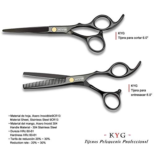 KYG Tijeras de Peluquería Profesional 6 Pulgadas, Tijeras Barbero de Cortar y Entresacar, Acero Inoxidable 6CR, con Tornillo de Tensión de Ajuste Fino Tijeras para Peluquero y Salón de Corte