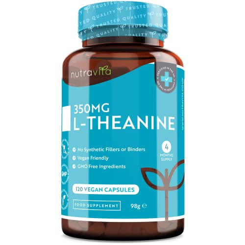 L-Teanina 350 mg - 120 cápsulas veganas - Cápsulas de L Teanina de alta potencia - Suministro para 4 meses - Producto elaborado en el Reino Unido por Nutravita