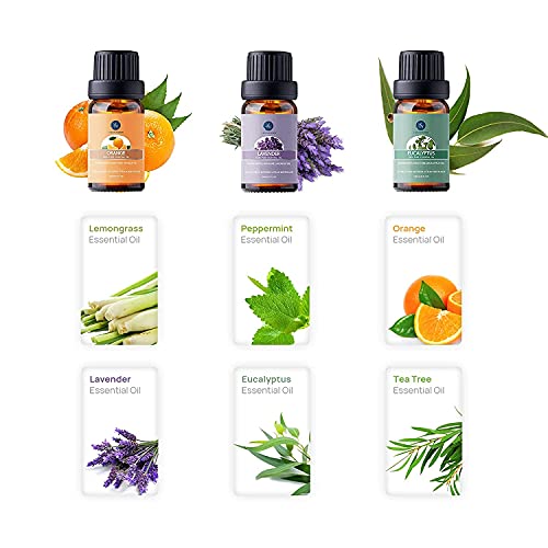 Lagunamoon Aceites Esenciales, Top 6 Set de Regalo de Aceites de Aromaterapia de Lavanda Eucalipto Hierba de Limón Menta Arból de Té y Naranja, Aceites Esenciales para Humidificadores 100% Puros