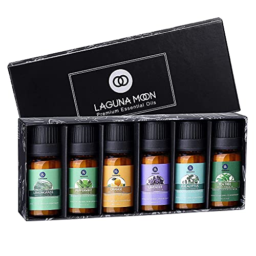 Lagunamoon Aceites Esenciales, Top 6 Set de Regalo de Aceites de Aromaterapia de Lavanda Eucalipto Hierba de Limón Menta Arból de Té y Naranja, Aceites Esenciales para Humidificadores 100% Puros