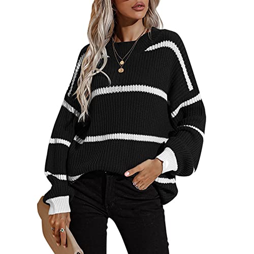 LaiYuTing Jersey De Punto con Cuello Redondo para Mujer, A Juego con El Color De OtoñO E Invierno, Nuevo Jersey De Punto A Rayas Sueltas con Cuello Redondo