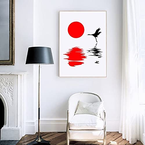 laminas para cuadrosCuadro de lienzo de silueta de puesta de sol de estilo japonés Decoracion del hogar Cuadros de pared de grúa de corona roja póster de impresión artística60x80cm x1 Sin Marco