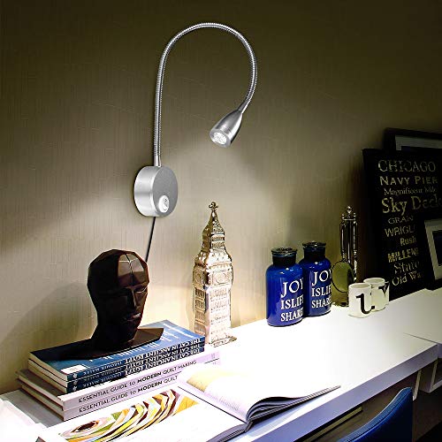 Lámpara de lectura,luz de pared LED de 2 piezas,luz de noche con recubrimiento de aluminio y con cable blanco cálido,200 LM/3000K/3W,ángulo del haz:30°,longitud del brazo:38 cm (plata, 2 piezas)