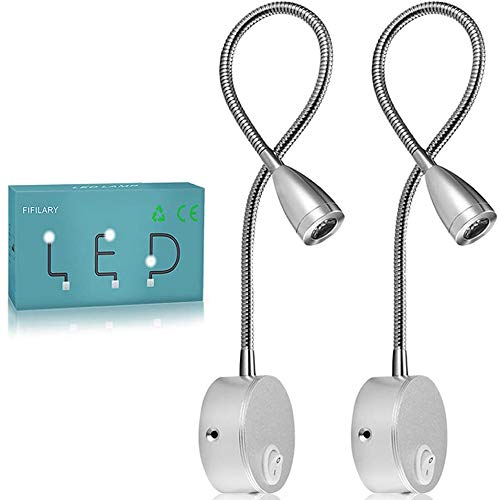 Lámpara de lectura,luz de pared LED de 2 piezas,luz de noche con recubrimiento de aluminio y con cable blanco cálido,200 LM/3000K/3W,ángulo del haz:30°,longitud del brazo:38 cm (plata, 2 piezas)