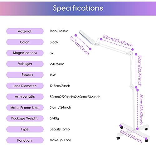Lámpara de Lupa de Pie, Lámpara LED de Aumento 5X con Ruedas y Brazo Ajustable para Salón de Belleza, Tatuaje y Maquillaje