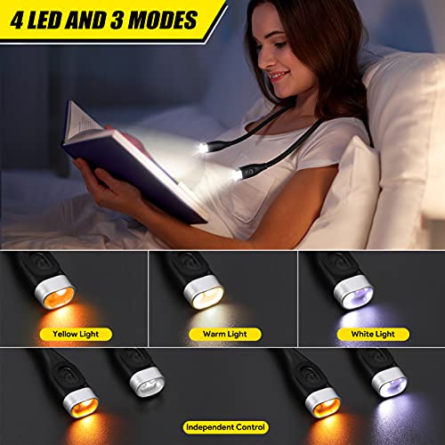 Lampara Lectura Flexible llevó 3 Colores, 3 Niveles de Iluminación, Cuello Libro luz Recargables, Luz Lectura Libros Cama, Lampara Para Leer 4 LED, Manos Libres luz de Abrazo para Leer, Tejer, Reparar