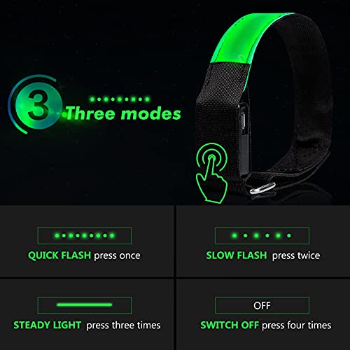 lanpard 2pcs Brazalete LED Recargable con Banda Reflectante Running, Luz para Correr Andar Ciclismo (Cable USB y Bolsa incluidos) - Elástico Verde