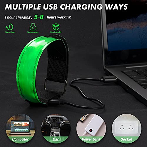 lanpard 2pcs Brazalete LED Recargable con Banda Reflectante Running, Luz para Correr Andar Ciclismo (Cable USB y Bolsa incluidos) - Elástico Verde