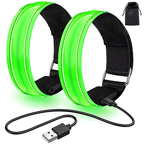 lanpard 2pcs Brazalete LED Recargable con Banda Reflectante Running, Luz para Correr Andar Ciclismo (Cable USB y Bolsa incluidos) - Elástico Verde