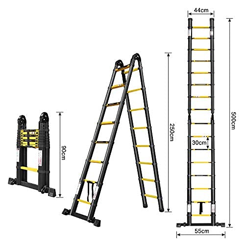 LARS360 5.0m Escalera Plegable Negro Telescópica Multifunción Escalera Extensible Multiusos Escaleras de Aluminio, 16 Escalones Escalera Plegable Portátil para Interiores y Exteriores Carga 150KG