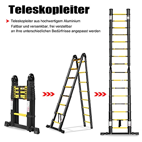 LARS360 5.0m Escalera Plegable Negro Telescópica Multifunción Escalera Extensible Multiusos Escaleras de Aluminio, 16 Escalones Escalera Plegable Portátil para Interiores y Exteriores Carga 150KG