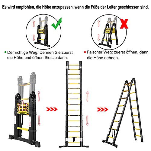 LARS360 5.0m Escalera Plegable Negro Telescópica Multifunción Escalera Extensible Multiusos Escaleras de Aluminio, 16 Escalones Escalera Plegable Portátil para Interiores y Exteriores Carga 150KG