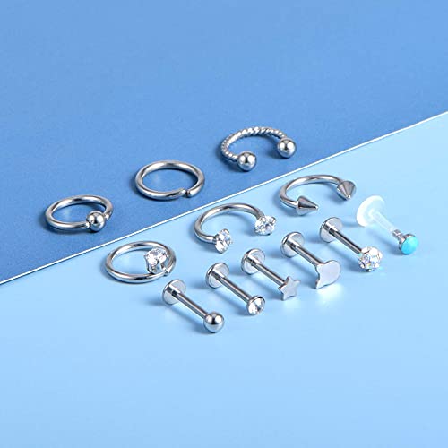 LAURITAMI 12pcs Piercing Helix Tragus Pendientes Pernos Aros Acero Quirúrgico 8mm 16G Flat Back Barbell Herradura Anillos Cartílago Labret Pendiente Piercing Joyas