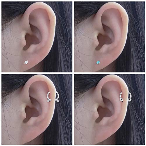 LAURITAMI 12pcs Piercing Helix Tragus Pendientes Pernos Aros Acero Quirúrgico 8mm 16G Flat Back Barbell Herradura Anillos Cartílago Labret Pendiente Piercing Joyas